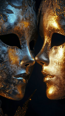 Two beautifully crafted masks are positioned closely together, showing intricate designs in black and gold. The contrast highlights the elegance of each mask, set against a dark backdrop.の素材
