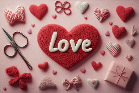 A delightful arrangement features a large gift box with love written in red, surrounded by hearts, small gift boxes, and decorative items. Perfect for celebrating love on special occasions.の素材