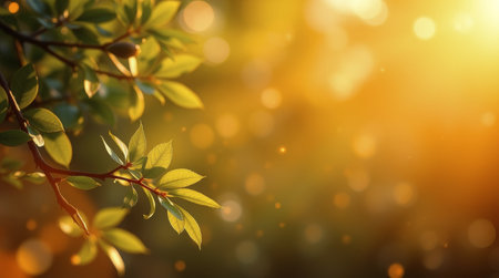 Sunlight streams softly through vibrant green leaves, creating an enchanting atmosphere filled with warmth and tranquility. The natural hues blend beautifully in the background.の素材