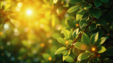 Bright sunlight streams through vibrant green leaves, creating a warm and peaceful atmosphere in a morning garden. The gentle play of light and shadow highlights natures beauty.の素材