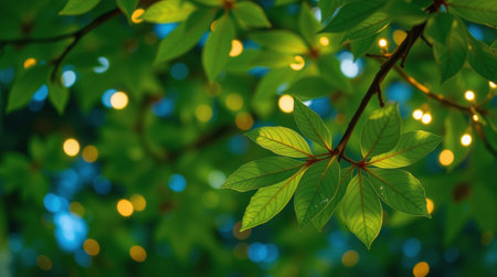 Delicate green leaves hang from a branch, softly illuminated by warm lights in a tranquil environment during twilight. The gentle glow adds a magical touch to the foliage.の素材