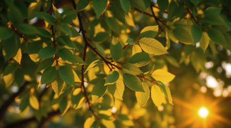 Bright sunlight illuminates lush green leaves on a tree, casting gentle shadows and creating a tranquil environment. The warm glow enhances the peaceful beauty of nature.の素材