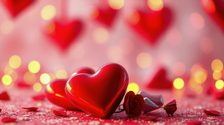 Bright red hearts and rose petals lay on a soft pink surface, creating a romantic atmosphere. Bokeh lights enhance the dreamy quality, perfect for celebrations or expressing love.の素材