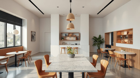 Bright and airy cafe features modern furniture, large windows, and a minimalist aesthetic. Warm wood accents complement sleek tables and pendant lighting, creating a welcoming atmosphere for patrons.の素材