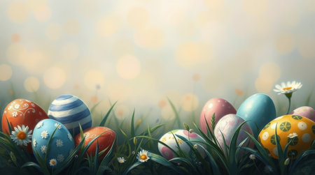 Brightly colored eggs in various designs rest among lush green grass and daisies, evoking a festive spring atmosphere, perfect for Easter celebrations and outdoor activities.の素材
