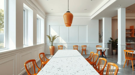 Bright and spacious cafe features a long table surrounded by orange chairs, creating a welcoming environment. Large windows provide ample natural light, enhancing the modern decor.の素材