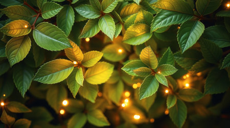 Warm lights gently illuminate vibrant green leaves, creating a peaceful and cozy atmosphere. The natural beauty is enhanced by the interplay of light and foliage, inviting tranquility.の素材
