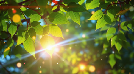 Sunlight softly filters through vibrant green leaves, creating a peaceful atmosphere in a lush environment. The warm glow highlights the natural beauty of the scene, inviting tranquility.の素材