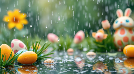Vibrant Easter eggs rest on lush green grass under a gentle rain shower. A cheerful bunny and flowers add a festive touch to this springtime scene.の素材