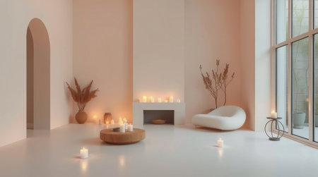 Soft light fills a calming indoor area decorated with candles, a round wooden table, and a minimalist white chair.の素材