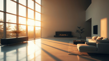 Sunlight streams through large windows in a modern living space, illuminating a minimalistic interior with a cozy sofa, a stylish coffee table, and a hint of nature outside.の素材