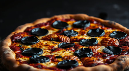 A freshly baked pizza featuring a crispy crust, melted cheese, and generous slices of black olives sits against a dark background. The food emits an inviting aroma.の素材