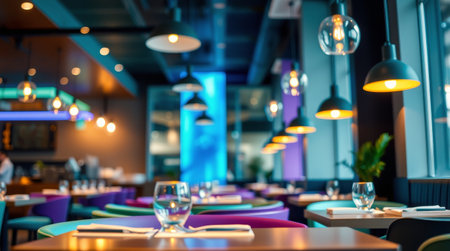 A vibrant dining space features colorful tables and warm ambient lighting. Glassware is neatly arranged on tables, creating a welcoming atmosphere for guests to enjoy their meals.の素材