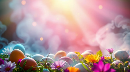 Brightly colored eggs are scattered among vibrant flowers in a misty landscape, capturing the essence of spring festivities. Sunlight filters through, adding warmth and joy to the scene.の素材