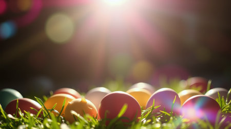 A variety of colorful Easter eggs are scattered on vibrant green grass as warm sunlight filters through, creating a festive and joyful atmosphere perfect for spring celebrations.の素材