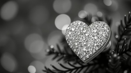 A decorative heart made of shimmering gems rests on a green plant branch. The blurred background adds an elegant touch, enhancing the festive atmosphere of the display.の素材