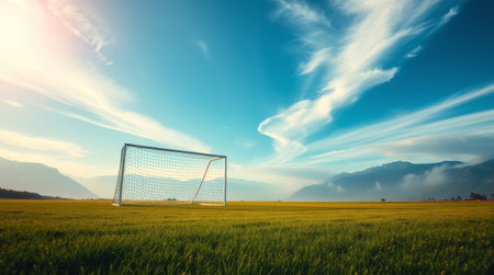 A soccer goal stands alone on a lush green field surrounded by mountains. The sky is painted with soft clouds and hints of orange as the sun sets, creating a serene atmosphere.の素材