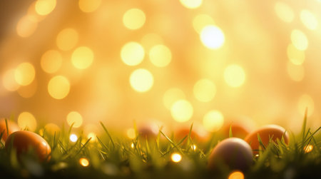 Colorful rest eggs on vibrant green grass, illuminated by soft golden lights. This setting creates a festive atmosphere, perfect for spring celebrations or holiday gatherings.の素材