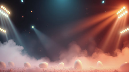 Under colorful stage lights, large eggs rest on a foggy floor, creating an atmosphere of intrigue and anticipation for an upcoming event or performance.の素材