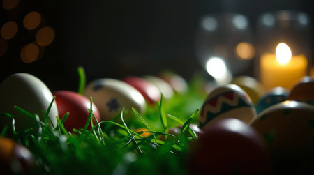 A collection of vibrant Easter eggs is spread across green grass, illuminated softly by nearby candles. The atmosphere is festive and warm, perfect for celebration.の素材