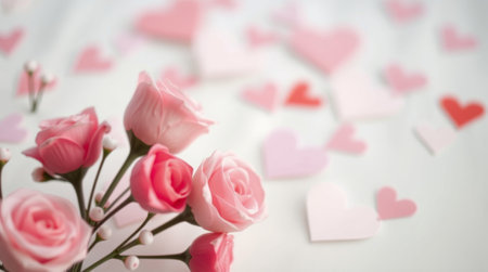 A bouquet of pink roses is placed on a soft surface surrounded by scattered heart shaped paper cutouts in various shades of pink and red, ideal for a romantic setting or celebration.の素材