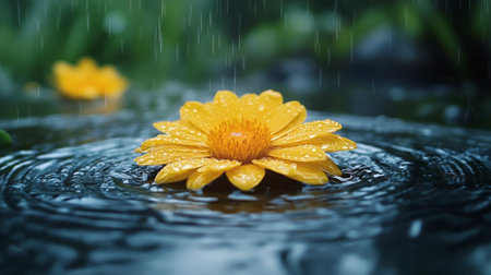 A vibrant yellow flower rests on the surface of calm water, surrounded by droplets falling from the sky. The scene captures the tranquility and beauty of nature during a rainy day.の素材