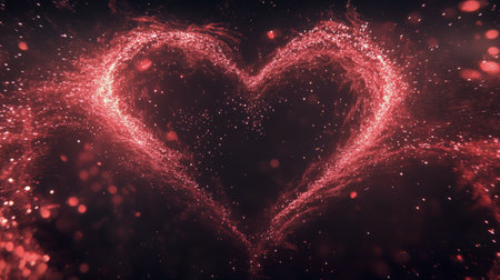 A vibrant heart shape forms from sparkling particles in shades of red against a dark backdrop, conveying feelings of love and passion. The dynamic movement adds energy and warmth.の素材