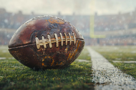 A close view of a wet football resting on the grass field, highlighting the details of the ball. Blurred goalposts and crowd can be seen in the background, indicating a lively game atmosphere.の素材