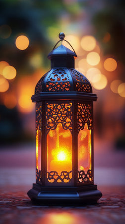 A decorative lantern emits a warm glow on a cobblestone street at twilight, surrounded by soft, blurred lights in the background, creating a cozy atmosphere.の素材