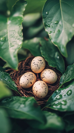 A small nest containing several speckled eggs rests among vibrant green leaves. Soft light filters through the foliage, creating a tranquil atmosphere in a natural environment.の素材