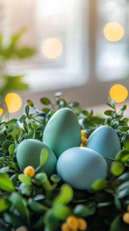 A nest filled with beautiful blue eggs surrounded by vibrant yellow flowers and fresh greenery. This spring arrangement captures the essence of seasonal festivities and renewal.の素材
