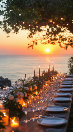 A beautifully arranged outdoor dining table overlooks the ocean at sunset. Candles illuminate glassware and decor, creating a warm and inviting atmosphere surrounded by nature.の素材