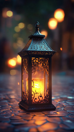 A decorative lantern emits a warm glow on a cobblestone street at twilight, surrounded by soft, blurred lights in the background, creating a cozy atmosphere.の素材