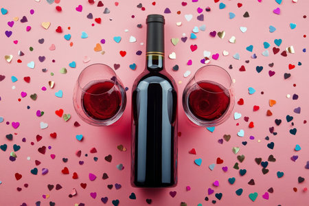 Two elegant wine glasses filled with red wine stand beside a bottle, surrounded by colorful hearts on a pink surface. This arrangement evokes a romantic atmosphere perfect for celebrations.の素材