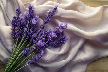 A bouquet of vibrant purple lavender flowers rests on a soft yellow fabric, creating a serene and calming atmosphere. The wooden background adds warmth to the setting.の素材