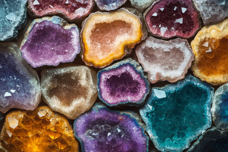 A vibrant assortment of natural crystals showcases various colors and textures.の素材