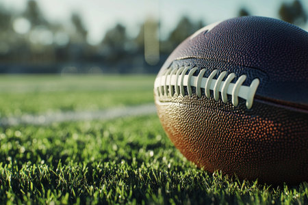 A close view of a wet football resting on the grass field, highlighting the details of the ball. Blurred goalposts and crowd can be seen in the background, indicating a lively game atmosphere.の素材