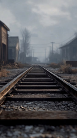 Railway tracks stretch straight through an abandoned town, surrounded by overgrown grass and fog. Old buildings stand silent as the day begins, hinting at a forgotten past.の素材