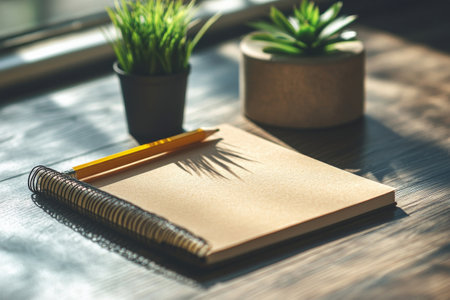 Sunlight gently illuminates a wooden desk where a blank notebook sits alongside a small plant and a cup of pencils. A serene atmosphere promotes creativity and focus.の素材