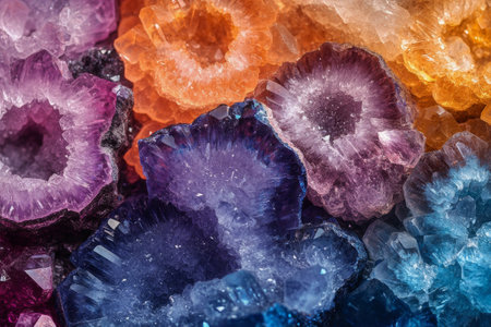 A vibrant assortment of natural crystals showcases various colors and textures.の素材