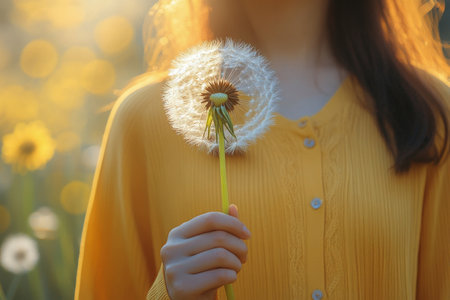 A woman in a yellow sweater stands in a vibrant flower field. She gently holds a dandelion, ready to blow its seeds into the warm breeze. The sun casts a soft glow, enhancing the moment.の素材