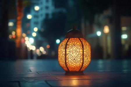 A decorative lantern casts a warm glow on a city sidewalk as twilight settles. The background features a blurred skyline, creating a serene urban ambiance.の素材