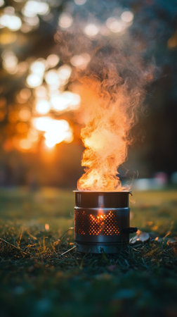 A pot bubbles over an open flame, sending rising smoke into the air with a vibrant sunset backdrop. Golden light filters through trees, enhancing the warmth of the moment.の素材