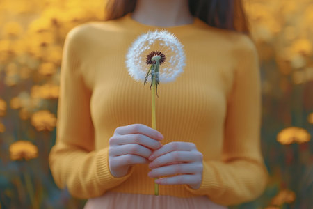 A woman in a yellow sweater stands in a vibrant flower field. She gently holds a dandelion, ready to blow its seeds into the warm breeze. The sun casts a soft glow, enhancing the moment.の素材