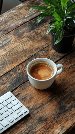 A small white coffee cup rests on a rustic wooden table, accompanied by a keyboard and a potted plant. The warm light enhances the calm atmosphere of the workspace.の素材