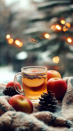 A clear glass mug filled with warm drink and apple slices sits on a wooden surface surrounded by pinecones and fresh apples, with soft glowing lights and holiday decor in the background.の素材