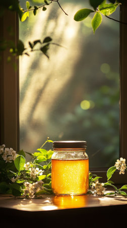 Sunlight pours through a window, casting a warm glow on a jar of honey surrounded by fresh green leaves and delicate flowers. The serene atmosphere invites a sense of tranquility.の素材