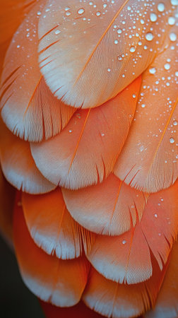 A detailed view of an orange leaf adorned with glistening water droplets. The soft focus background enhances the leaves vibrant color and texture, creating a serene atmosphere.の素材