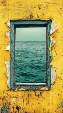 Textured yellow wall surrounds a striking view of the ocean. The water is calm, reflecting light under the clear sky. The artwork provides an inviting glimpse into serene nature.の素材
