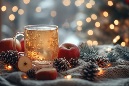 A warm spiced drink garnished with cinnamon sits near fresh apples and pinecones. Soft lights create a cozy atmosphere, perfect for winter gatherings with friends and family.の素材